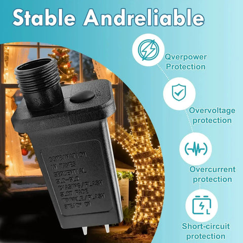 Premium 24V LED Power Supply With Eight Modes For Versatile Lighting IP44 Waterproof Class 2 Transformer, shown near Christmas lights.