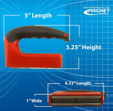 100 Pound Pull Magnetic Lifter With Ergonomic Handle Red, side view, dimensions showing 5" length, 3.25" height, 4.33" magnet length.