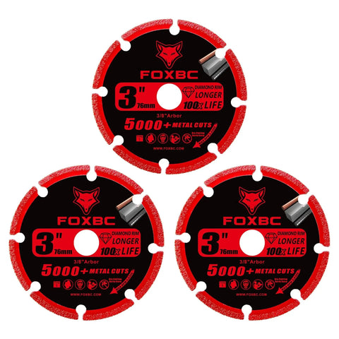 3 Inch Diamond Cut Off Wheel Set For Metal Cutting With 5000 Plus Life On Rebar Stainless Steel Angle Iron Cast Iron Aluminum Pipes Sheet Metal Three Eighths Inch Arbor 3 Pack FOXBC