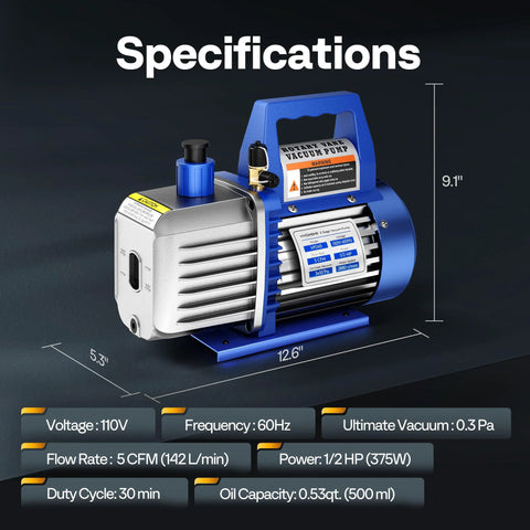 VIVOHOME 110V 1/2 HP dual-stage rotary vane HVAC vacuum pump with oil bottle, blue and silver, Amazon brand.