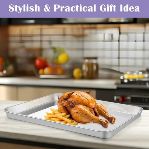 Large Stainless Steel Baking Sheet With Wire Rack Set 20x14 Inch featuring roasted chicken and fries