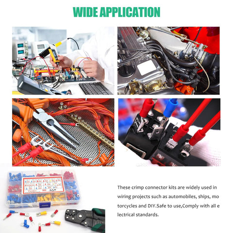 Twidec spade crimp connector kit with 2.8/4.8/6.3 mm male and female terminals and insulated wire connectors, 15 types in case.