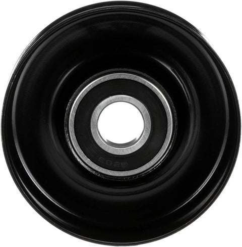 Front view of Heavy Duty Belt Drive Idler And Tensioner Pulley For Cars And Trucks With Steel And Thermoplastic Construction, Tight Tolerances