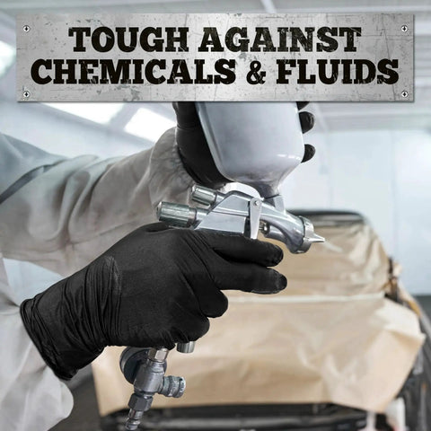 Close-up of 6 Mil Nitrile Gloves Textured Medium 100 Count Powder Free For Food Prep used in automotive spray painting
