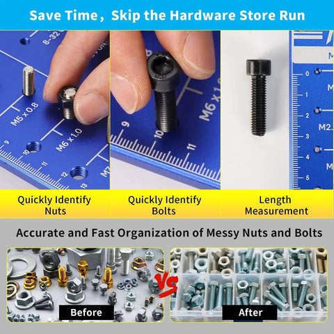 Wall Mounted Nut And Bolt Thread Checker Board With 31 SAE And Metric Sizes, featuring bolt size finder and screw gauge.