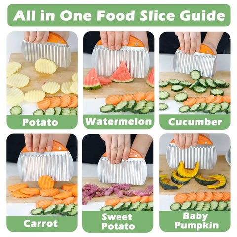 Large Crinkle Cutter for Veggies and Potatoes With Wooden Handle, French Fry Cutter For Crisp Weeknight Restaurant Style Wavy Fries, Potato Slicer And Veggie Chopper For Cucumbers And Carrots, Fast Batch Prep And Easy Slicing slicing various vegetables.
