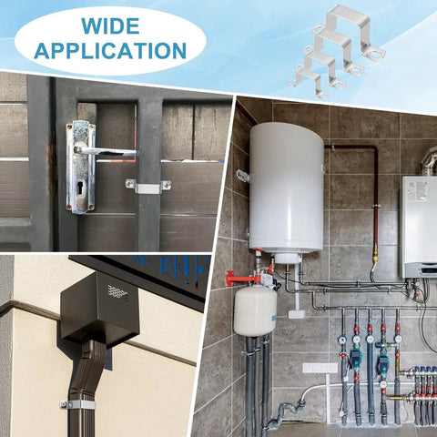 Square Pipe Clamp Set For 1-3/8 Inch Tubes In 304 Stainless Steel U Shaped Brackets in various installations.