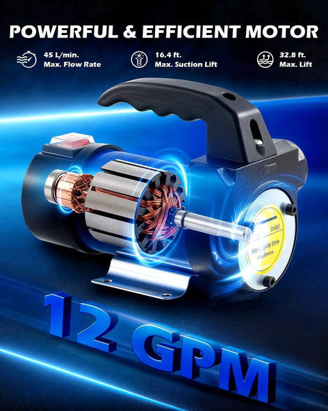 12 Volt Diesel Transfer Pump Kit With Nozzle And Hoses For Fast Fuel Transfer Self Priming DC Electric Pump Delivers Up To 11.9 GPM For Diesel And Kerosene Includes All Necessary Accessories Oil Not Included, showcasing powerful motor specifications and flow rate capabilities.