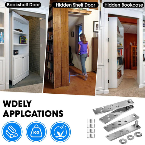 Hidden Door Hinge Set Heavy Side Type For Wood Doors And Bookshelves, 2 Pack Pivot Hinges installed on secret bookcases