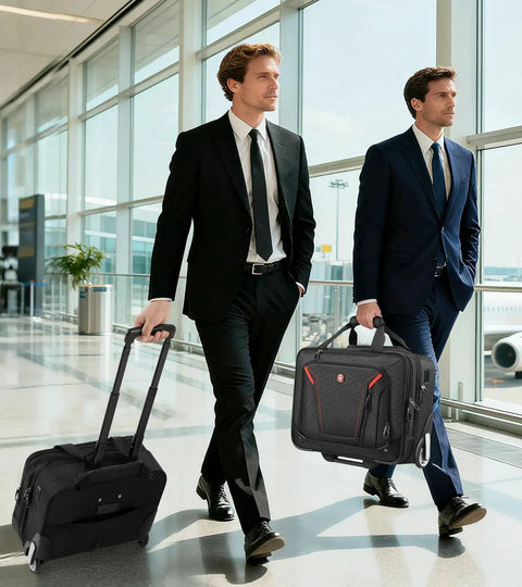 Two men in suits walking through airport with Rigid Frame Rolling Laptop Bag With USB Ports And Wheels For Pro On The Go Travel, black color.