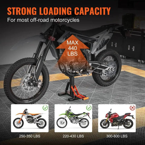 Heavy Duty Dirt Bike Lift Stand With 440 Lb Capacity And Hydraulic Lift displayed under a dirt bike on a workshop floor