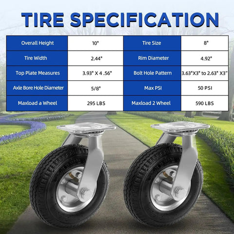 8 Inch Pneumatic Swivel Caster Wheels With Zinc Top Plate And 360 Degree Rotation For Cart Dolly Trolley Workbench And Wagon, Black Rubber Tires, 590 Lb Total Capacity, 2 Pack Great For Industrial Carts And Trolleys And Workbench Applications.