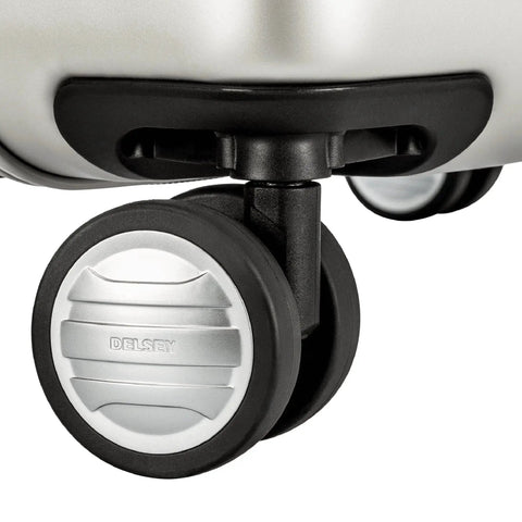 Close-up of four double spinner wheels on Lightweight Titanium Hardside Expandable Spinner Luggage With Scratch Resistant Matte Finish