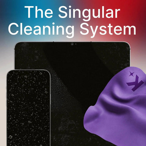 Japanese Microfiber Lens Cleaning Cloths Pack Of 2 For Glasses Cameras Screens next to a phone and tablet display.