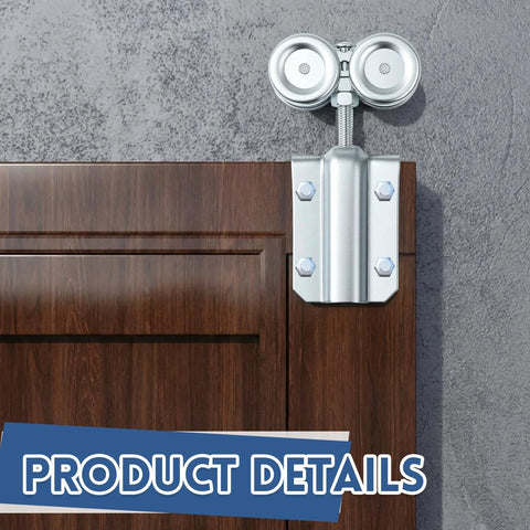 Two Pack Barn Door Roller Trolleys With Beefy Four Wheel Heavy Duty Assembly installed on brown barn door track