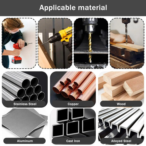 Image showing applications for One Thirty Second Inch Cobalt Drill Bit Set, drilling hard metals, wood, stainless steel, copper, aluminum.