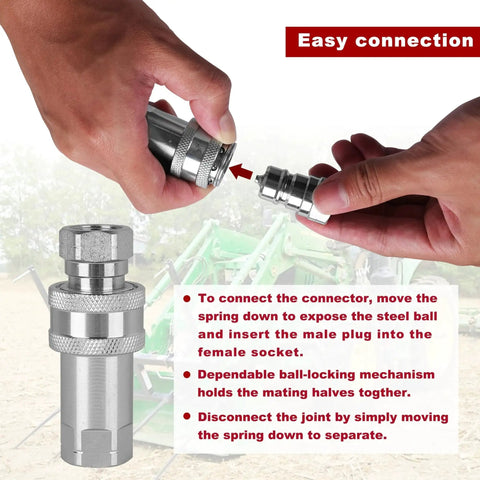 Hands connecting a Half Inch Hydraulic Quick Connect Tractor Coupler ISO 7241 A Ball Valve with instructions, on farm equipment background
