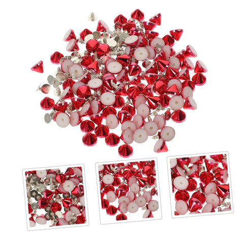 Plastic Decorative Rivet Stud Kit For Clothing And Bags DIY Rivets Buckle Set with red and silver cone-shaped studs.