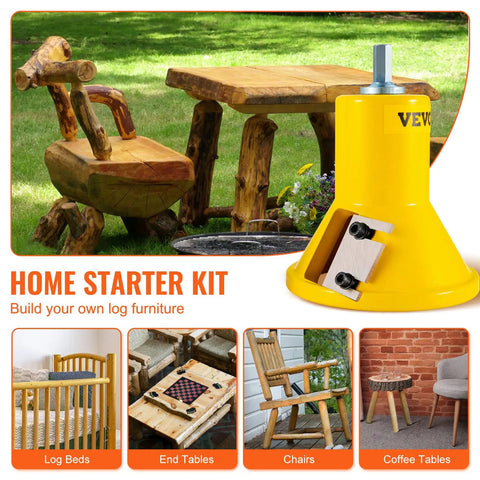 Image of a DIY Tenon Cutter Kit For Log Furniture Making With 1 Inch, 1.5 Inch And 2 Inch Blades shown with rustic log furniture.