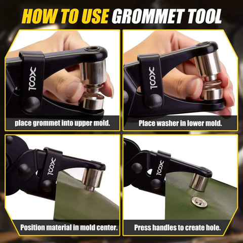 Pro Grade Grommet Tool Kit With Magnetic Alignment demonstration for canvas fabric installation, showing precise steps