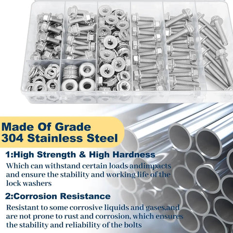 Beefed-Up Heavy Duty 1/4-20 Stainless Steel Flange Bolts Kit with 248 pieces, showing full thread 304 stainless bolts in tray.