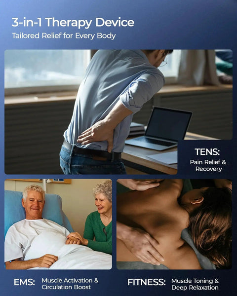 Blue 3-in-1 therapy device packaging; shows back pain relief image, hospital bed scene, and neck/shoulder massage.