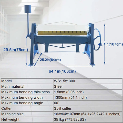 1.5x1300 Manual Press Brake dimensions and specifications display