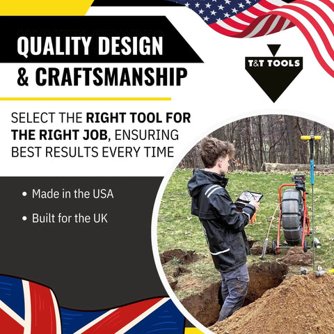 Man using Top Popper Manhole Hook With Rotated Handle 2.5-Foot for lifting on construction site, USA and UK flags in the background.