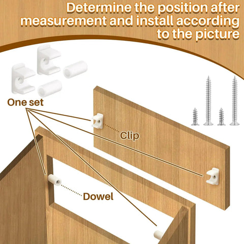 Diagram showing Eight Pairs False Drawer Front Clips For Cabinet Fronts With Screws Included, demonstrating installation on wooden cabinet.