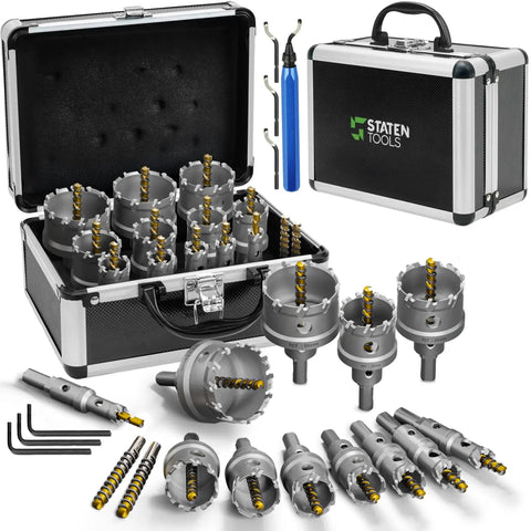 Tungsten Carbide Hole Saw Kit With 22 Pieces For Metal Stainless Steel And Wood Includes 2 Drill Bits Deburring Tool 4 Blades 3 Allen Wrenches And Titanium Plated Pilot Drill For Heavy Duty DIY And Industrial Use displayed in aluminum case