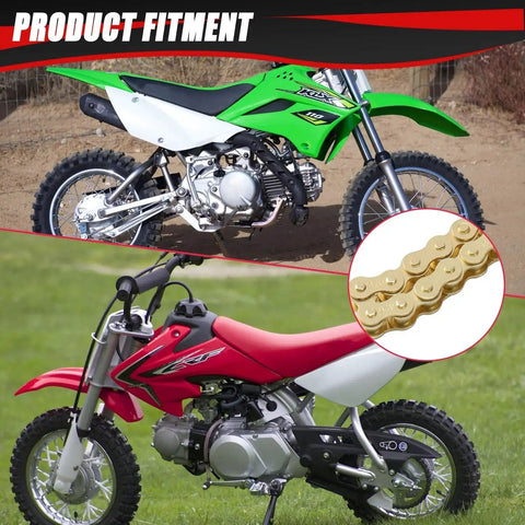Gold 420 Drive Chain 102 Link With Chain Breaker Tool For CRF50F XR50R dirt bikes shown against a green and red bike background.