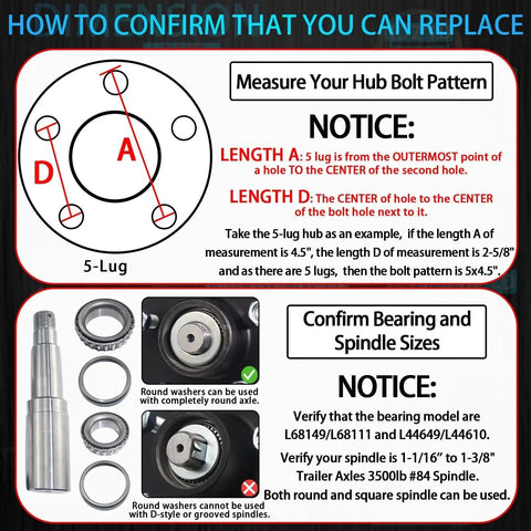 Diagram showing how to measure hub bolt pattern and confirm bearing and spindle sizes for Heavy Duty Trailer Idler Hub Kit for 3500 lb Axles.