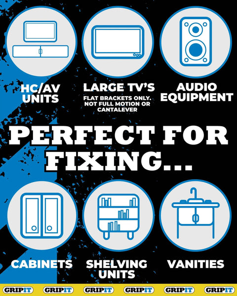 Illustration showing uses for heavy-duty drywall anchors: AV units, TVs, audio equipment, cabinets, shelves, and vanities.