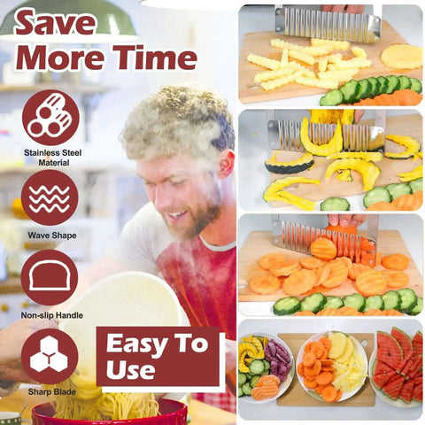 Extra Large Crinkle Cutter Wave Potato Slicer For Restaurants And Home Kitchens Commercial Grade Stainless Steel French Fry Cutter For Waffle Fries Cucumber And Veggie Slices With Durable Handle By JAYVAR in use slicing veggies.