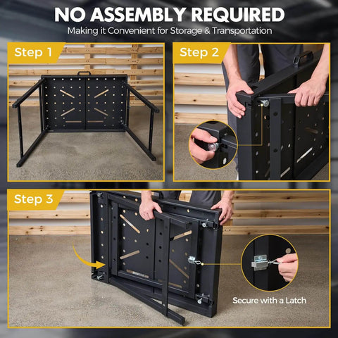 Foldable Welding Table Work Bench With 1000 Lbs Capacity Heavy Duty Steel Construction showing steps for folding and storage