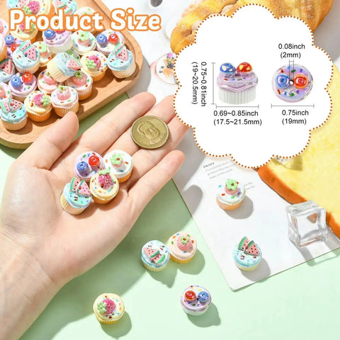 Hand holding Imitation Food Resin Beads Set 30 Pcs 3D Fruit Cupcake Mini Dessert Spacers for DIY crafts, showcasing size and detail.