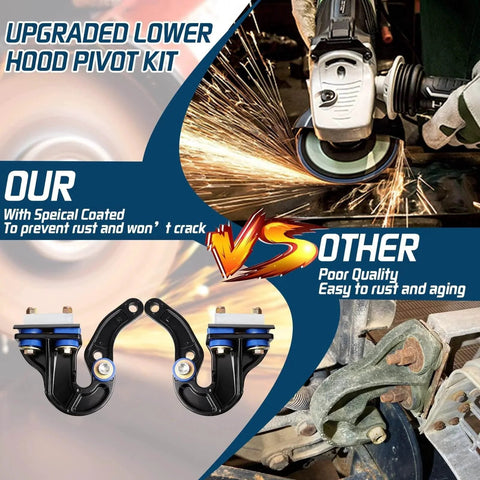 Comparison of upgraded Lower Hood Pivot Kit with hood hinge pivot bolts and bushing bracket for Peterbilt 377 378 379 LH RH.