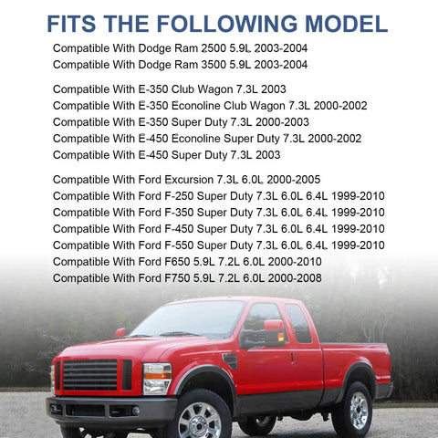 Red Ford truck with compatibility list for Electric Vacuum Pump Replacement For Ford F Series And Dodge Ram Trucks 1999 To 2010