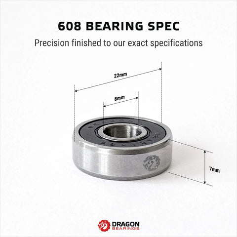 Dragon Bearings 608 skate bearing, silver metal, 22x8x7 mm with logo on side