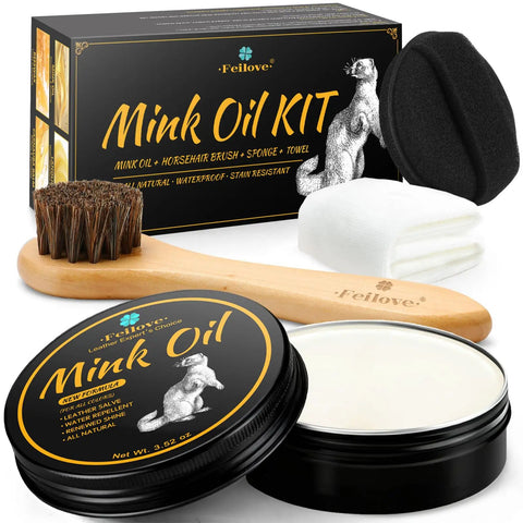 4 in 1 Mink Oil Leather Care Kit for Boots and Shoes with Waterproof Formula Premium Cleaner and Conditioner Set Includes Brush Sponge Towel for daily use Feilove displayed with packaging.