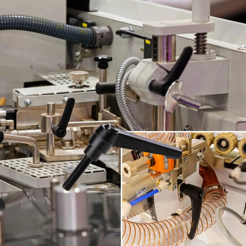 4 Piece Adjustable Clamping Lever Handles Set With M6 X 20mm Quick Release Bolts installed on industrial equipment