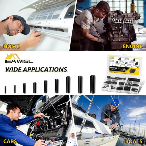 Image showing applications for Nine Size 65Mn Steel Black Roll Pin Set For Home And Auto Repairs, displayed with gadgets and vehicles.