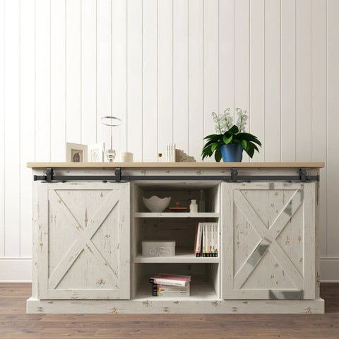Side view of cabinet with 60 Inch Mini Barn Door Hardware Kit For Double Cabinet Doors Top Mount Matte Black Finish Trim To 55 Inches Includes Flat Rail, Four Rollers, Four Stops, Door Guide, Rails Mounting Brackets For Doors Three Quarters Inch Thick, And Hardware