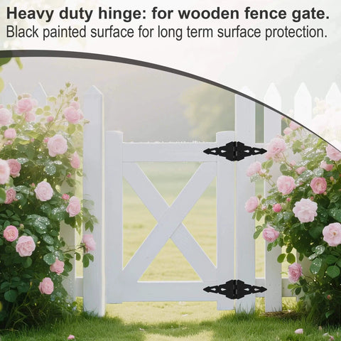 8 Inch Heavy Duty Gate Hinge For Wooden Doors And Fences, Steel With Black Finish, shown on white garden gate with flowers