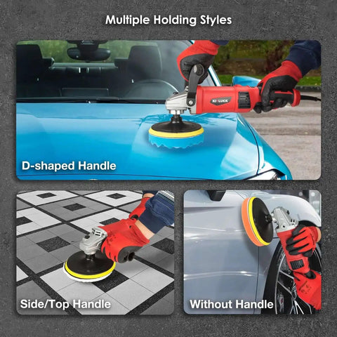 Beast 1400W Rotary Car Polisher With 6 And 7 Inch Pads showing different holding styles on car exterior surfaces