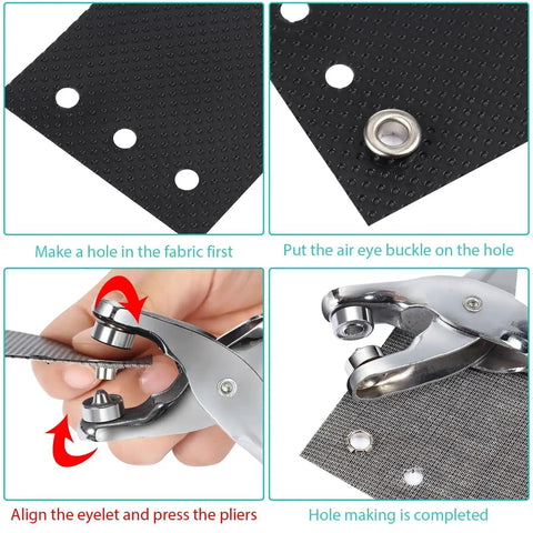 DIY Grommet Eyelet Pliers Kit With 300 Metal Eyelets For Belts Shoes Clothes And Leather Projects - tool in action on fabric