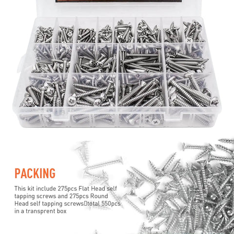 Open box displaying Self Tapping Screws Assortment Kit 550 Pieces M3 Through M6 304 Stainless Steel for metal, wood, and plastic.