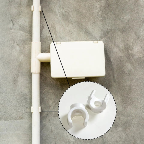 White plastic PEX pipe clamp, 1/2 inch (16 mm) U-shaped clip; shown with two clamps and packaging.
