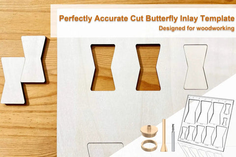 All In One 7 By 7 Inch Router Templates Set With Ten In One Bowtie Inlay And Butterfly Templates For Woodworking on wood surface