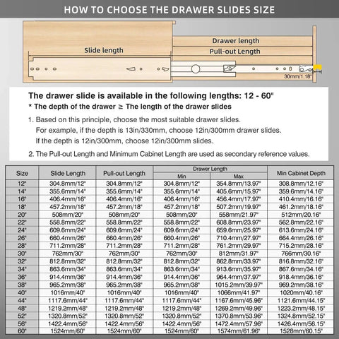 Size guide for Heavy Duty Drawer Slides With Lock Full Extension Ball Bearing Rails 500 Lb Load Capacity, shows dimensions from 12 to 60 inches.
